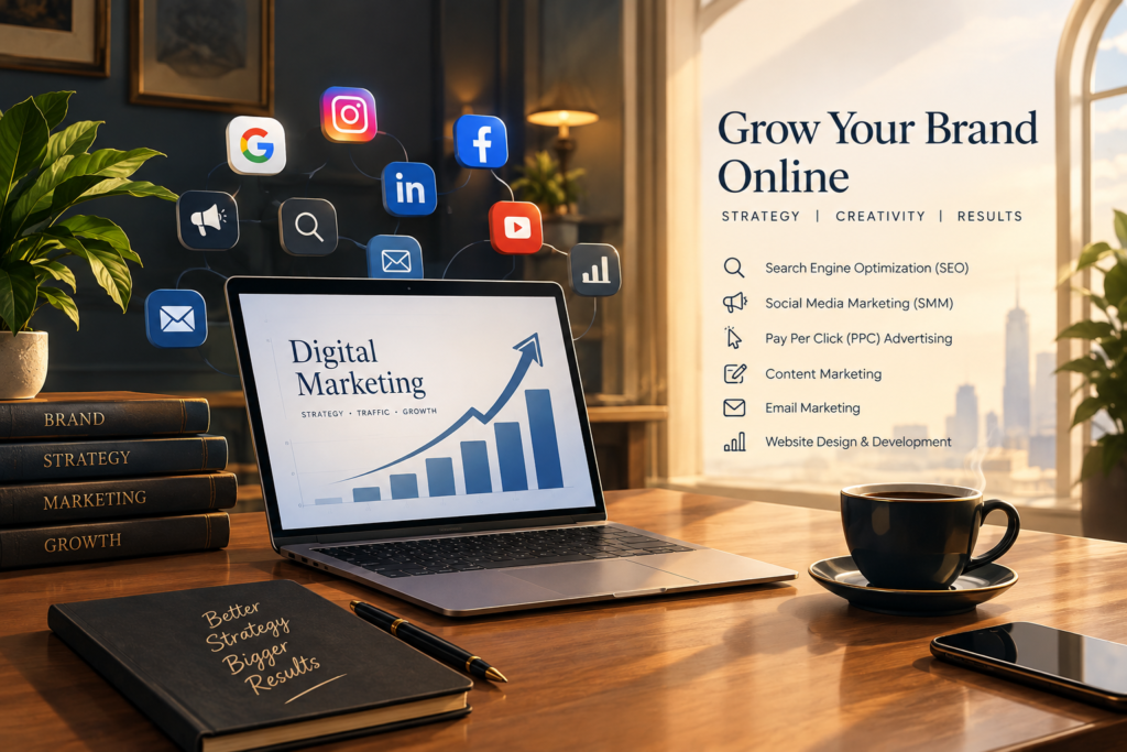 Laptop displaying digital marketing graph, social media icons, and text "Grow Your Brand Online